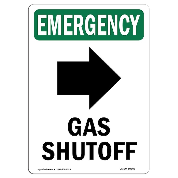 Safety Sign, OSHA EMERGENCY, 5" Height, Gas Shutoff (Right Arrow), Portrait, 10PK
